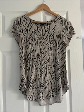 Alfani Taupe and Black Animal-Print Short Sleeve Blouse